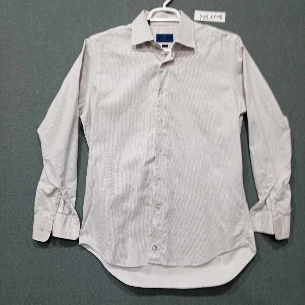 David Donahue Mens Trim Fit Dress Shirt 16.5 34/35 Tan Blue Micro Check Cotton